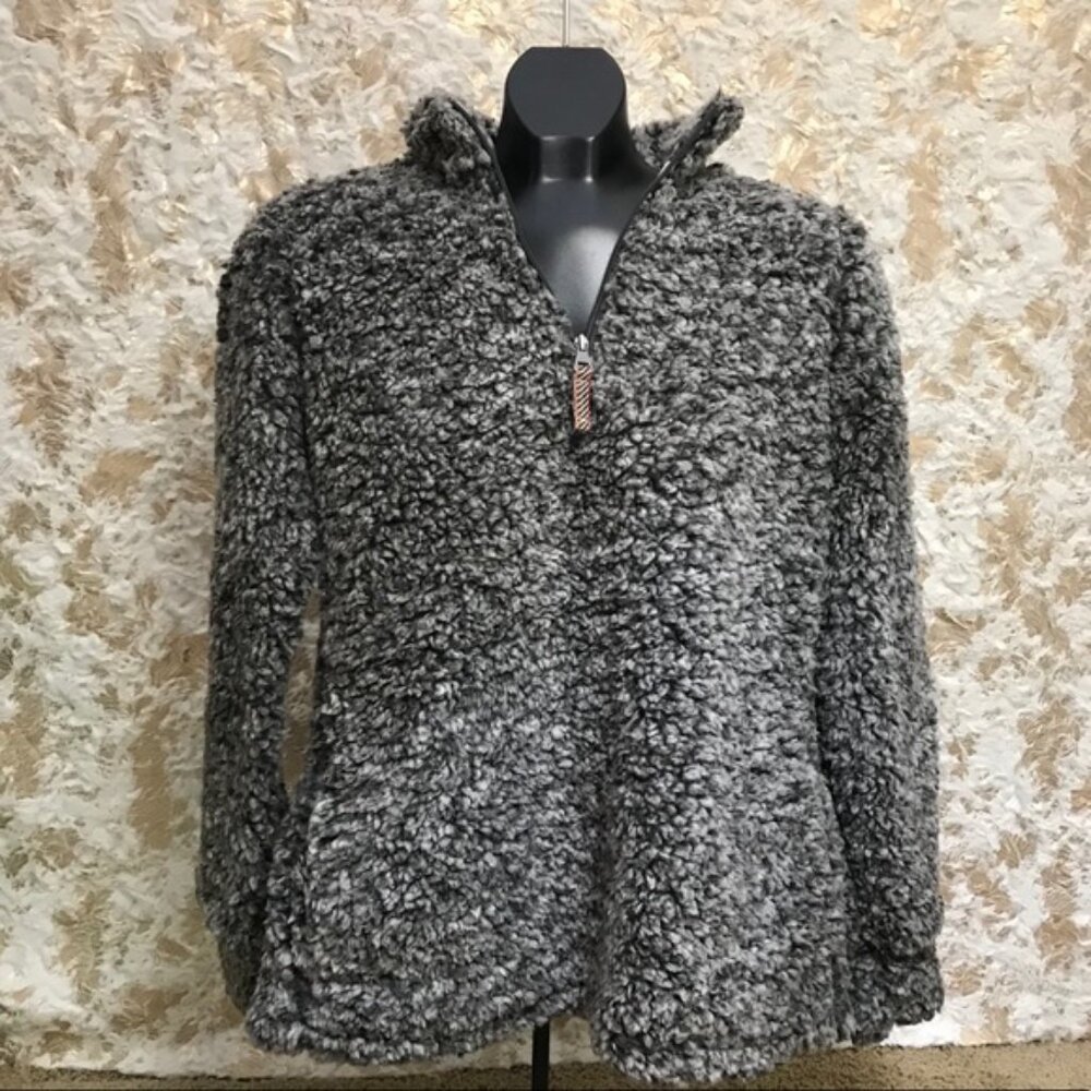 Sherpa Pullover Jacket Gray Faux Shearling 1/4 Zip Cozy Teddy Size (see measurem - Picture 2 of 8